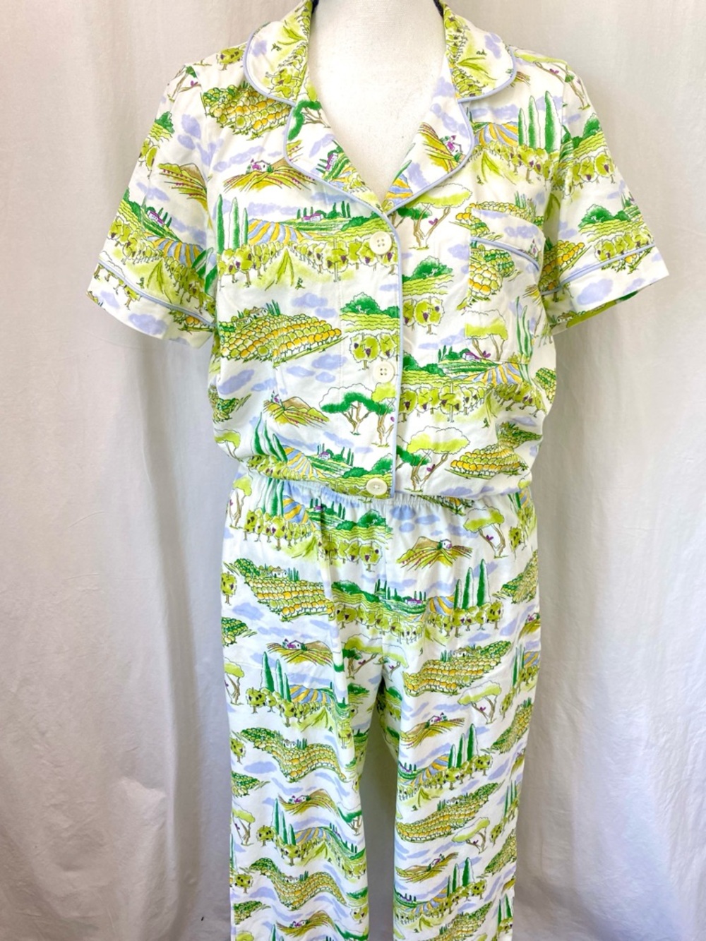 BedHead Pajamas "Wine Country" vineyard Green White Stretch Jersey Cropped MED - Picture 4 of 17